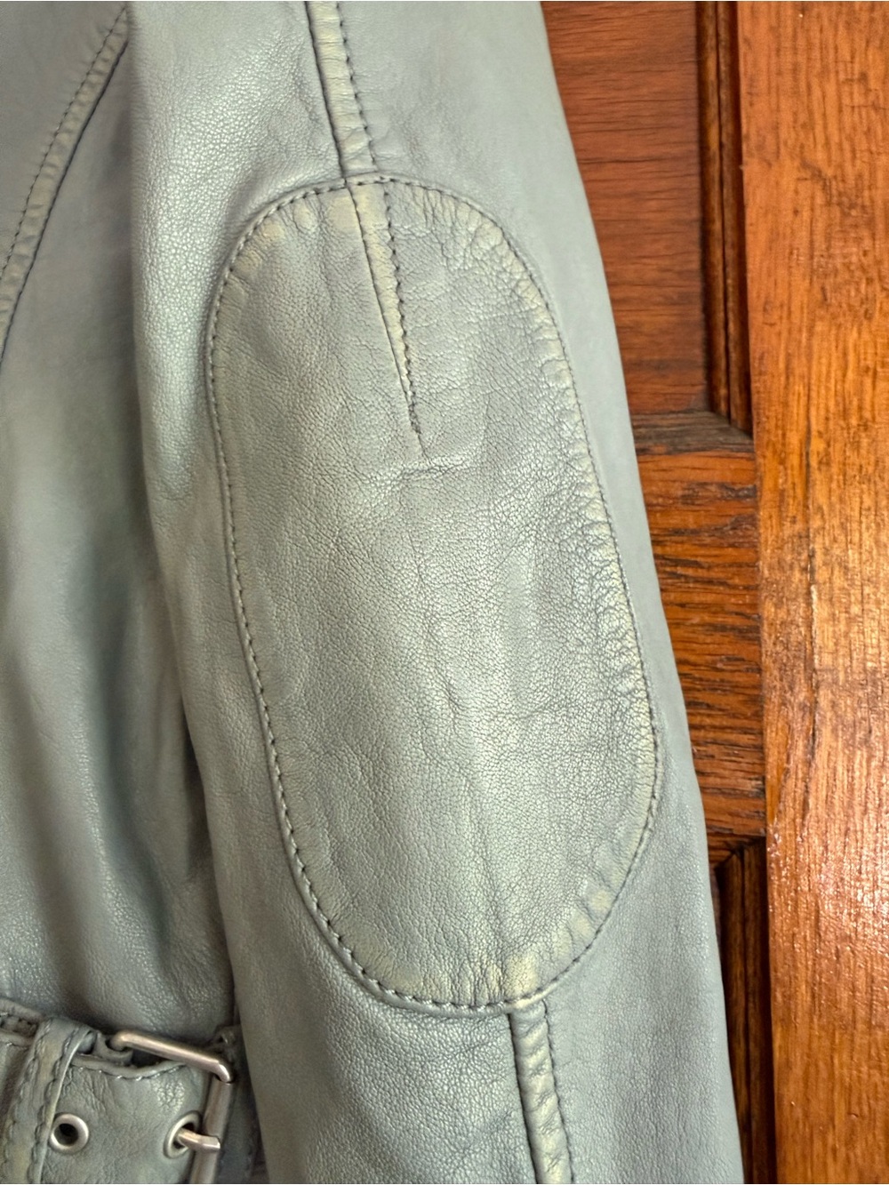 MAURITIUS 100% Lamb Leather Zip Up Moto Jacket Fitted Chic Light Blue Grey US 6 - Picture 6 of 13